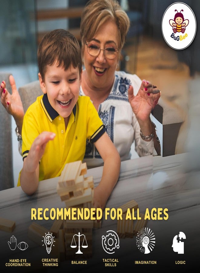 BuGBee Wooden Tumble Tower Game for Kids & Adults | 54 Stacking Blocks with 4 Dice | Classic Tumbling Tower for Parties & Learning Activities | Indoor Skill-Building Game Age 6+ - Image 3